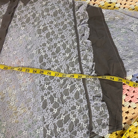 NWOT POL Gray Lavender Sheer Lace Romantic Blouse top shirt button up oversized - Picture 4 of 17